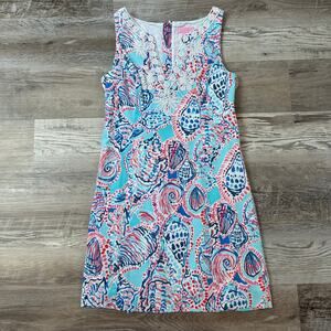Lilly Pulitzer Shell Print Cotton Shift Dress Blue Pink White Beaded Trim Resort